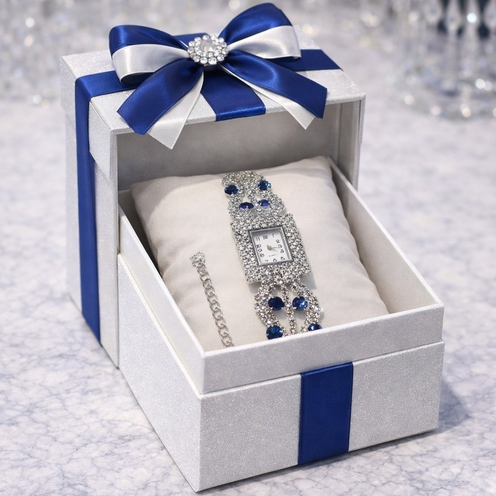 Womens Silver Tone Rhinestone Blue‎ Crystal Square Dial Quartz Bracelet Watch